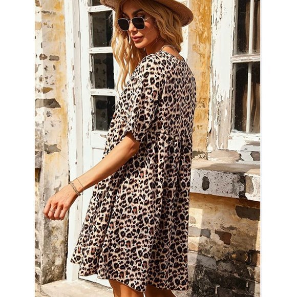 ECOWISH Animal Print Short Sleeve Button Detail Dress Women's Size Lg NWT - Picture 2 of 13